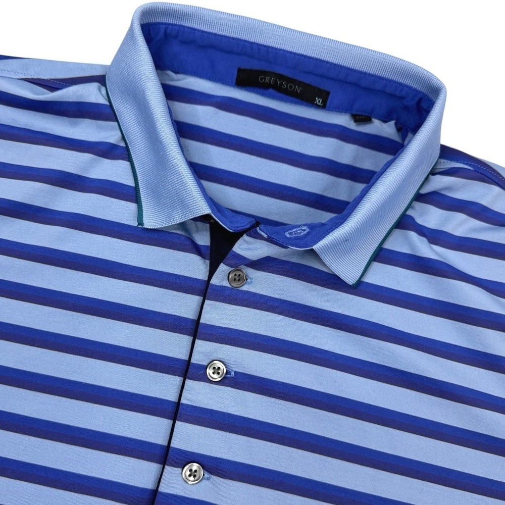 Greyson Polo Shirt Mens XL Blue Striped Short Sleeve Performance‎ Wolf Logo